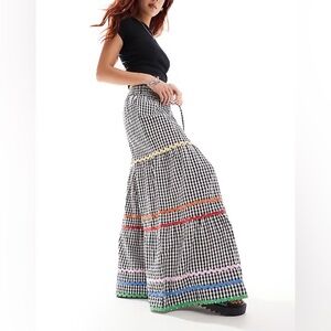 Deja Bleu Gingham Maxi Skirt with Colorful Stripes